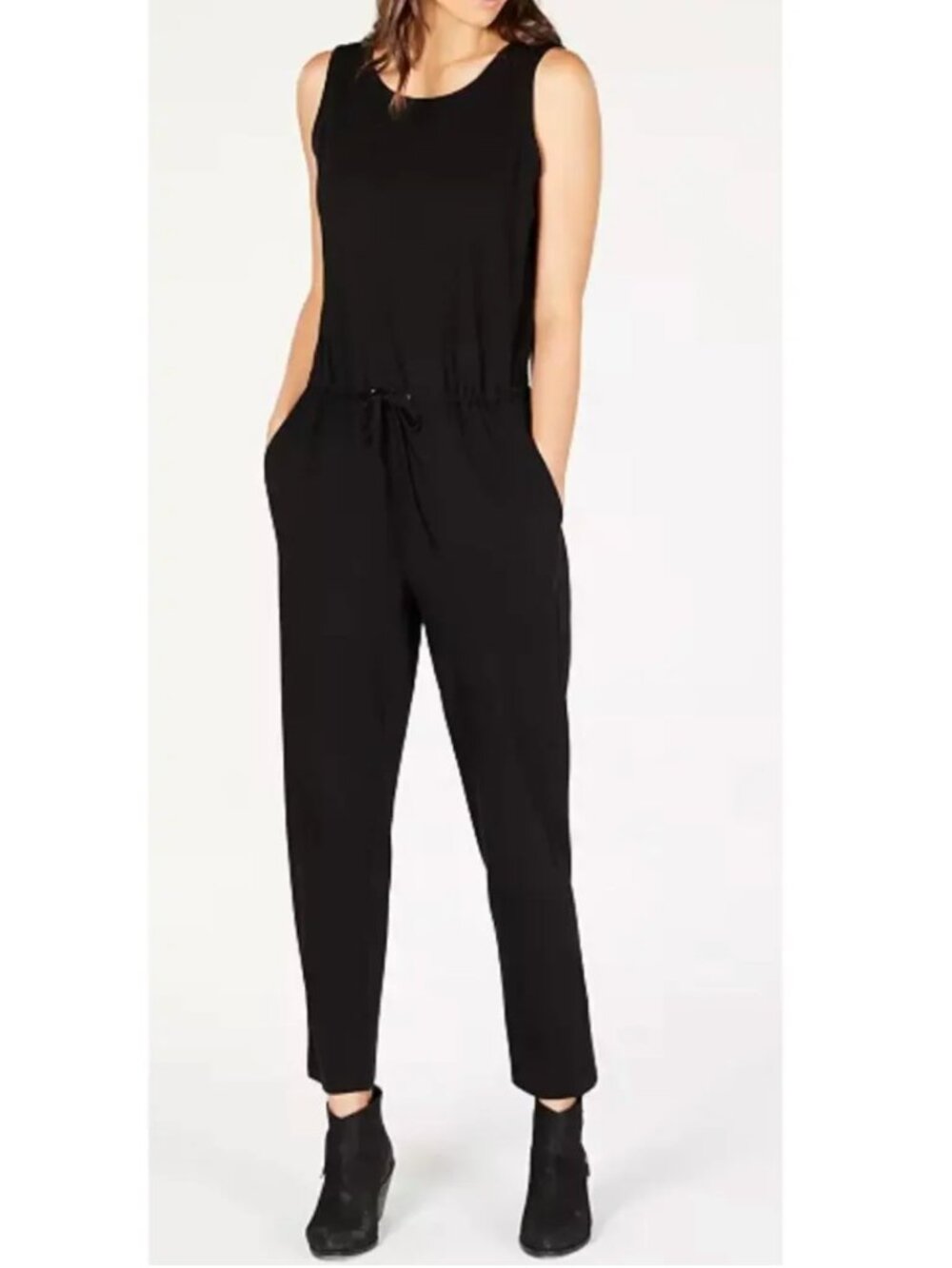 Eileen Fisher Black Organic Cotton Jumpsuit Tie Waist S